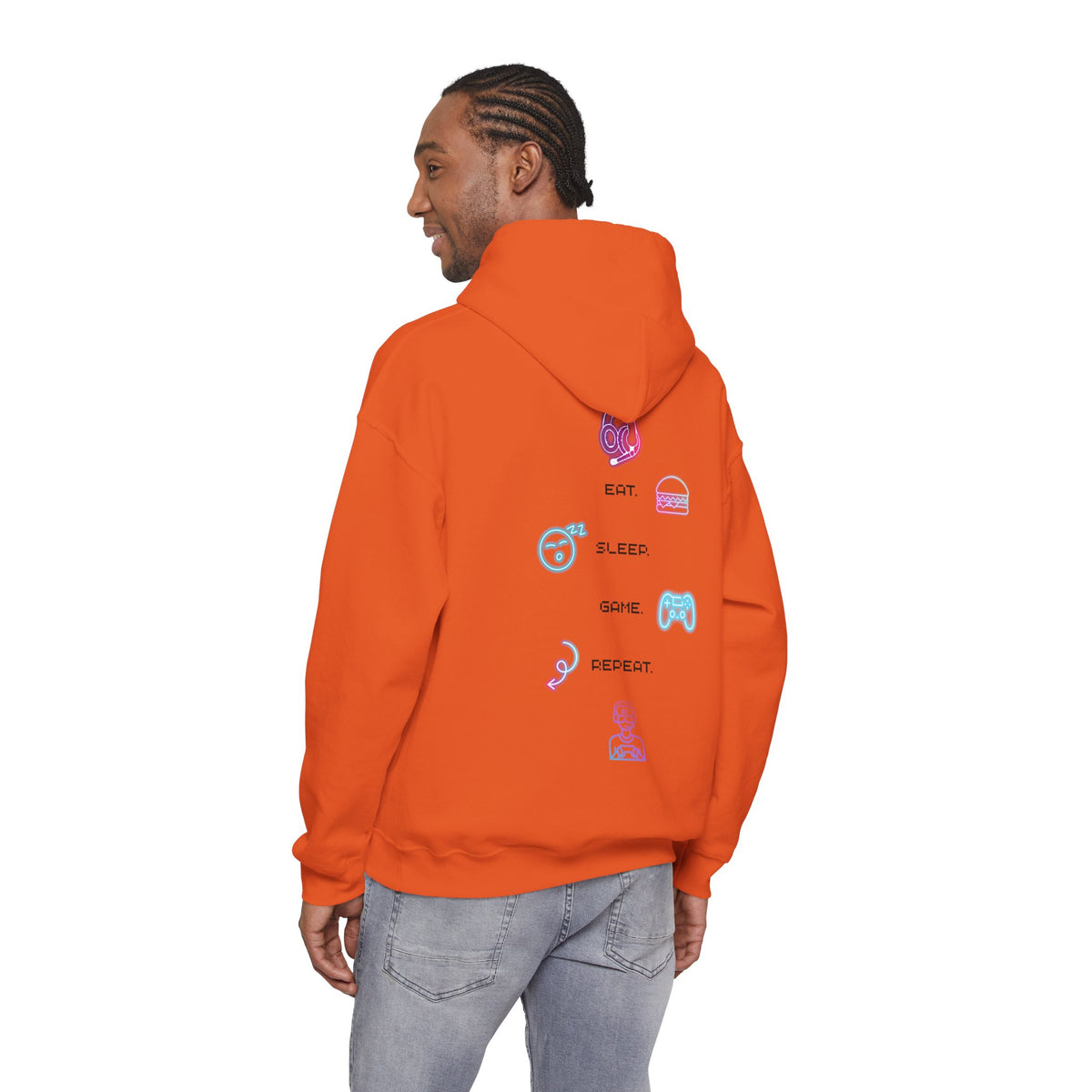 Gaming Hoodie — Eat Sleep Game Repeat Neon Icons Back Print