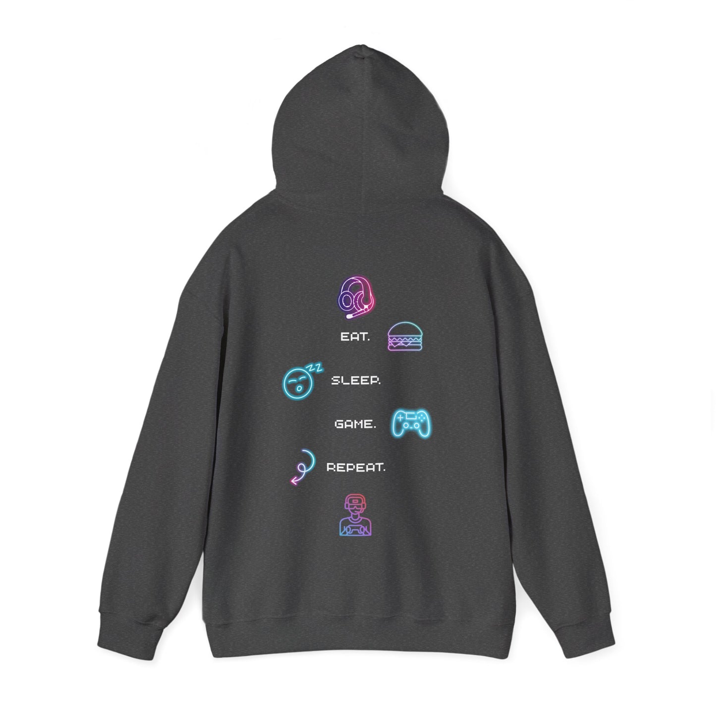 Gamer Routine Hoodie — Eat. Sleep. Game. Repeat. Neon Icons Gaming Hoodie