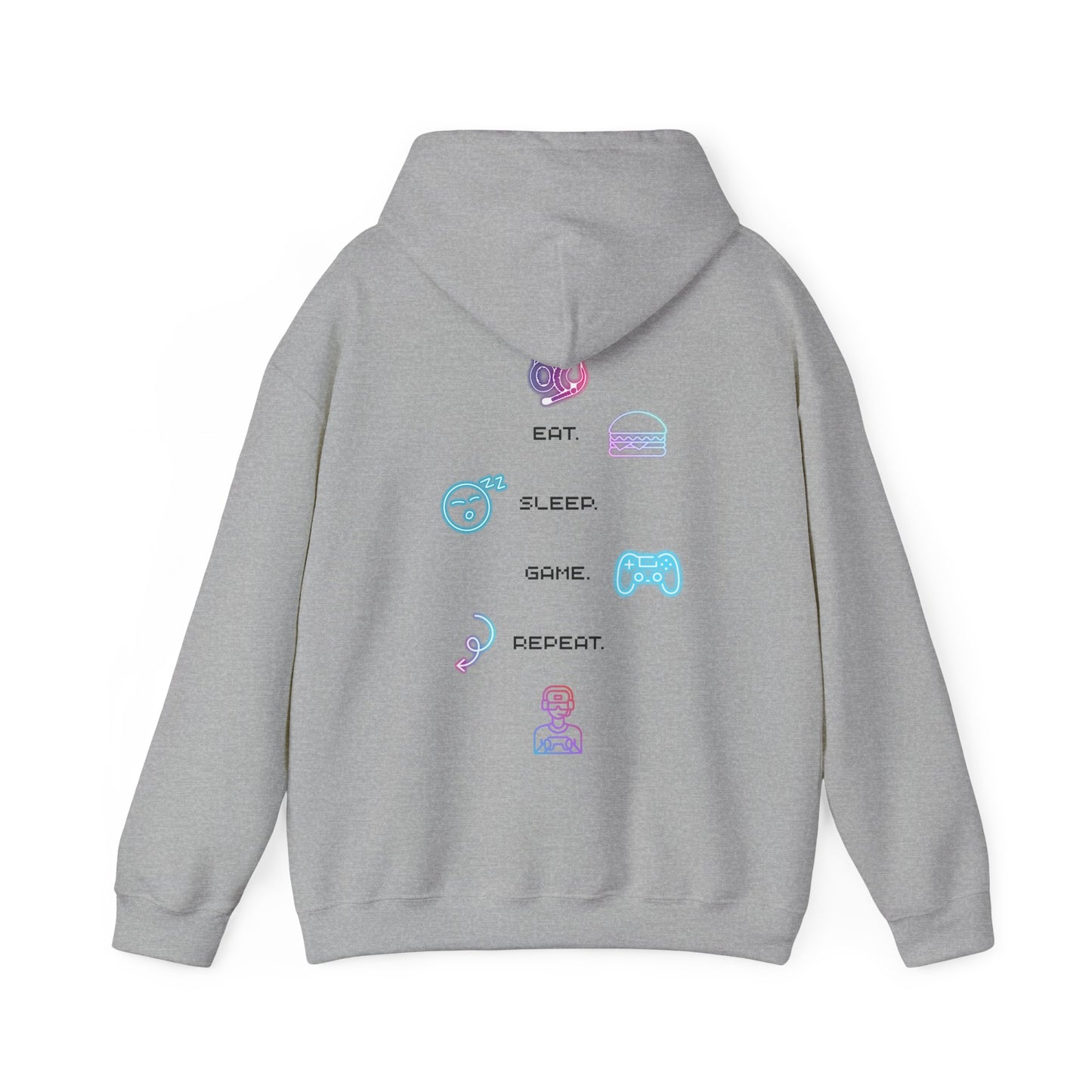Gaming Hoodie — Eat Sleep Game Repeat Neon Icons Back Print