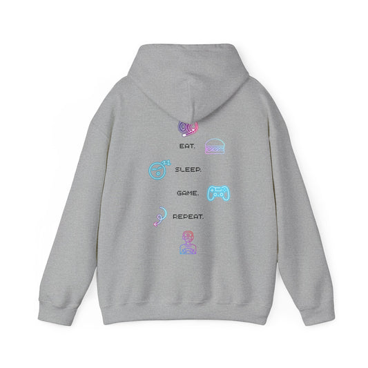 Gaming Hoodie — Eat Sleep Game Repeat Neon Icons Back Print