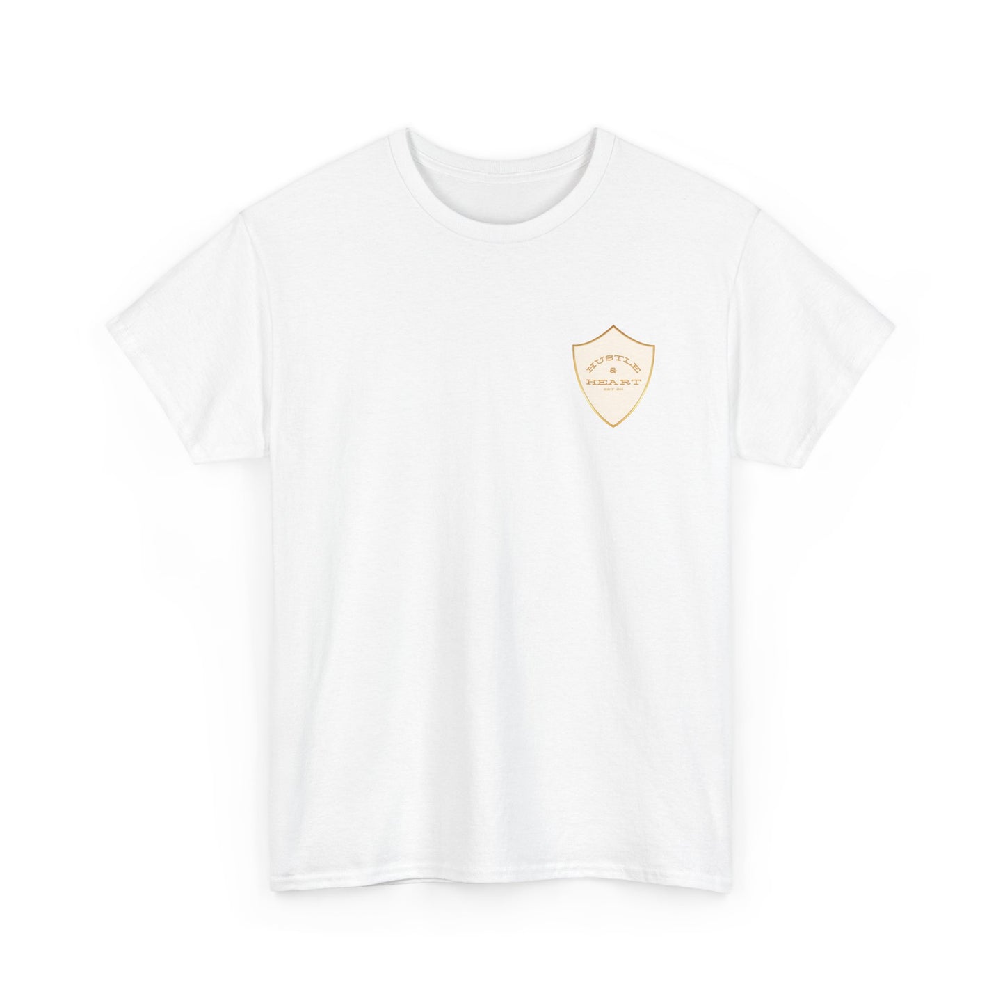 White Badge Tee — Minimalist Smiley Shield Chest Logo T‑Shirt