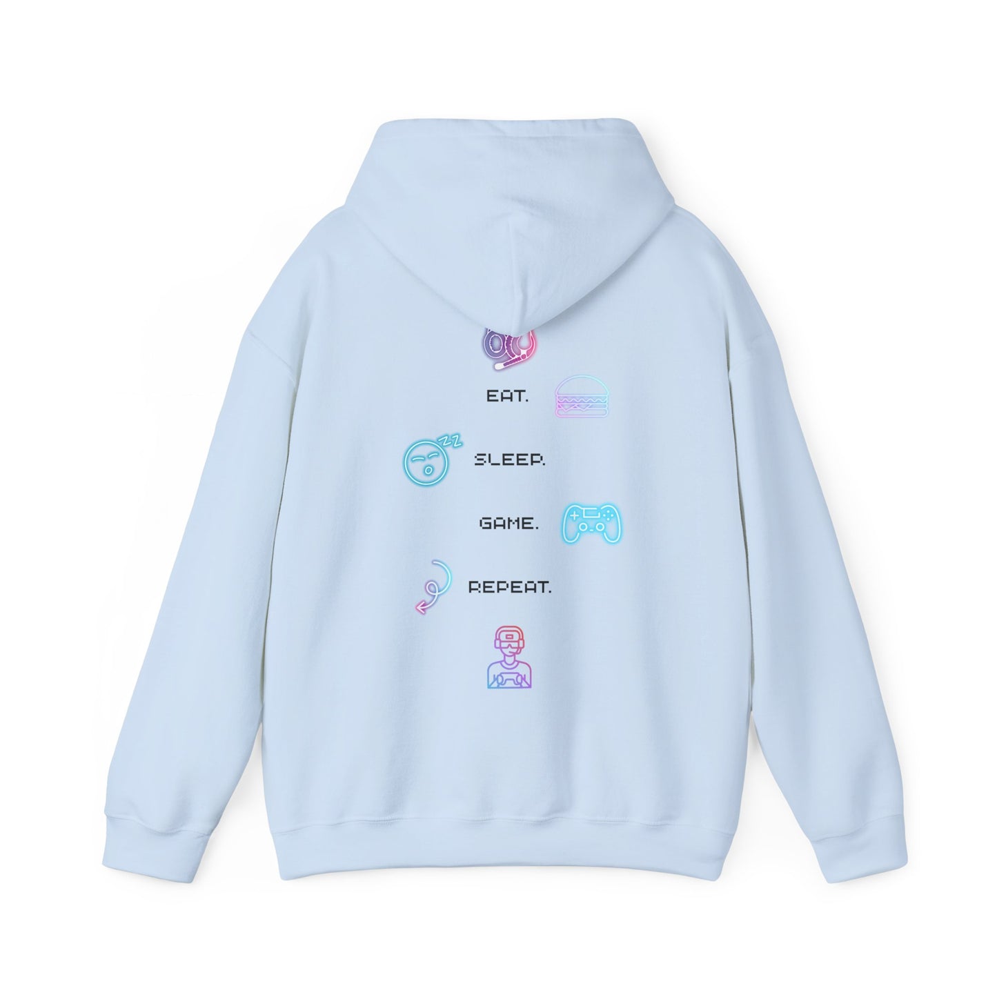 Gaming Hoodie — Eat Sleep Game Repeat Neon Icons Back Print
