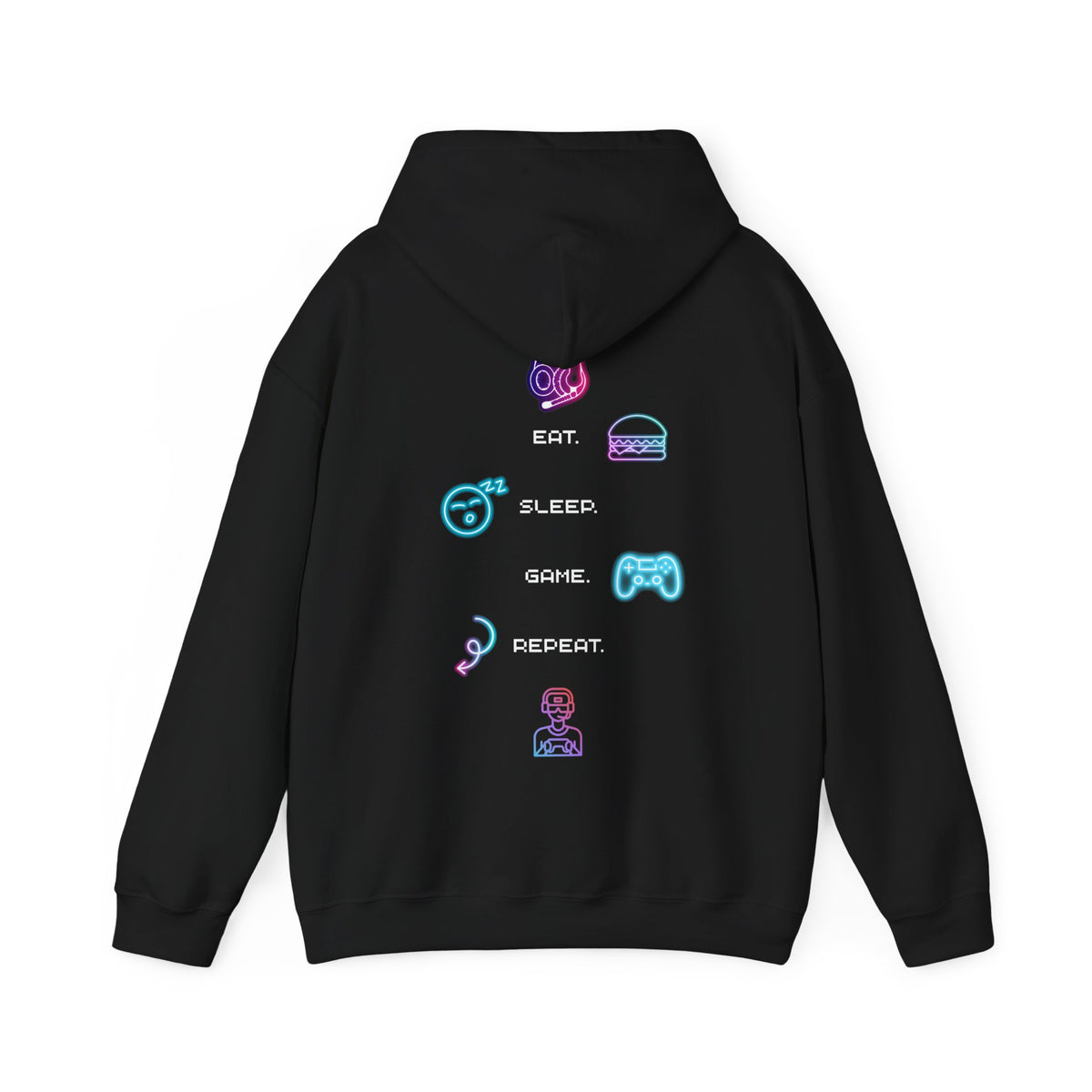 Gamer Routine Hoodie — Eat. Sleep. Game. Repeat. Neon Icons Gaming Hoodie