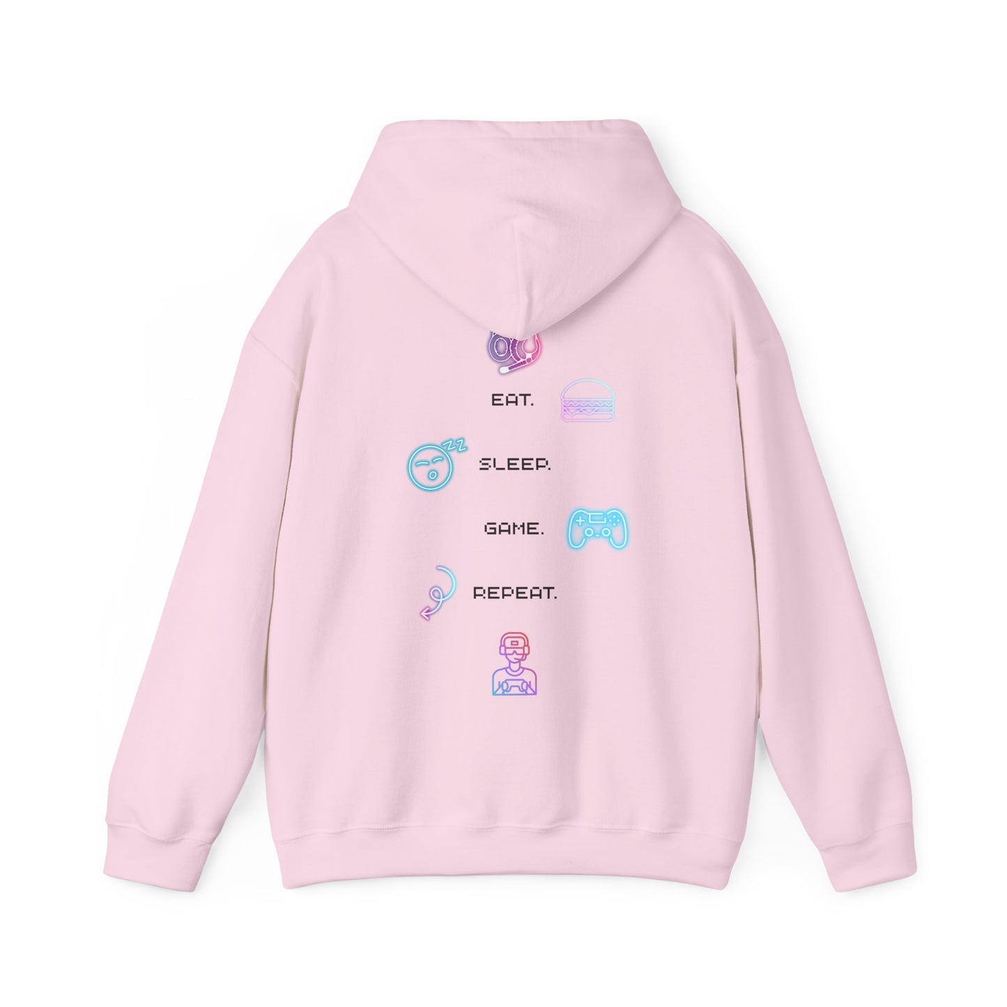 Gaming Hoodie — Eat Sleep Game Repeat Neon Icons Back Print