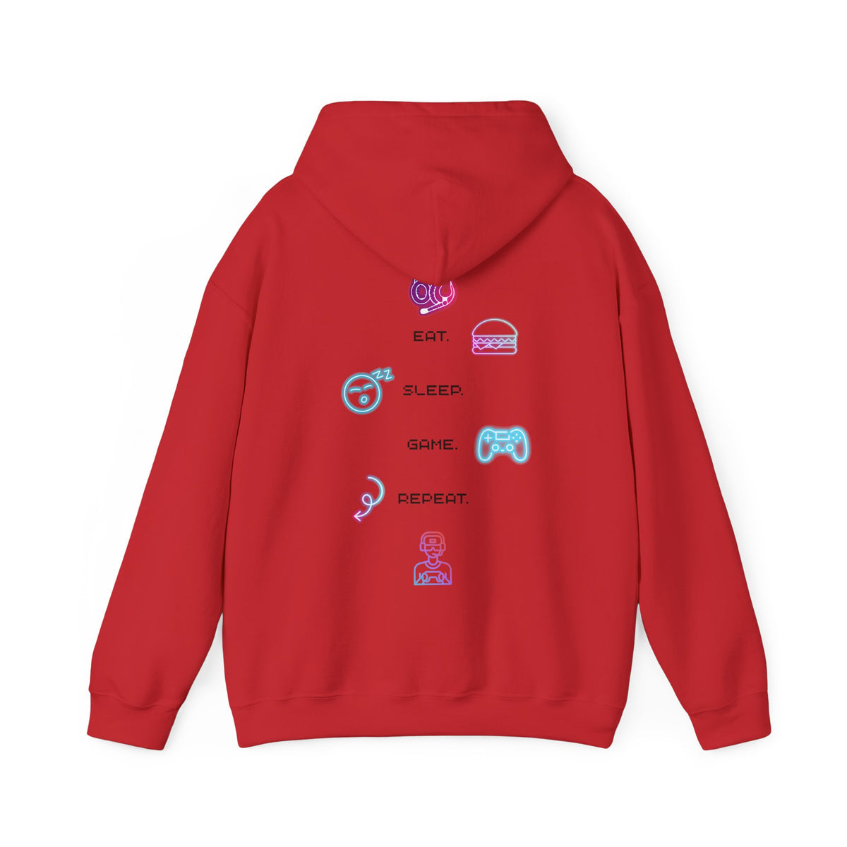 Gaming Hoodie — Eat Sleep Game Repeat Neon Icons Back Print