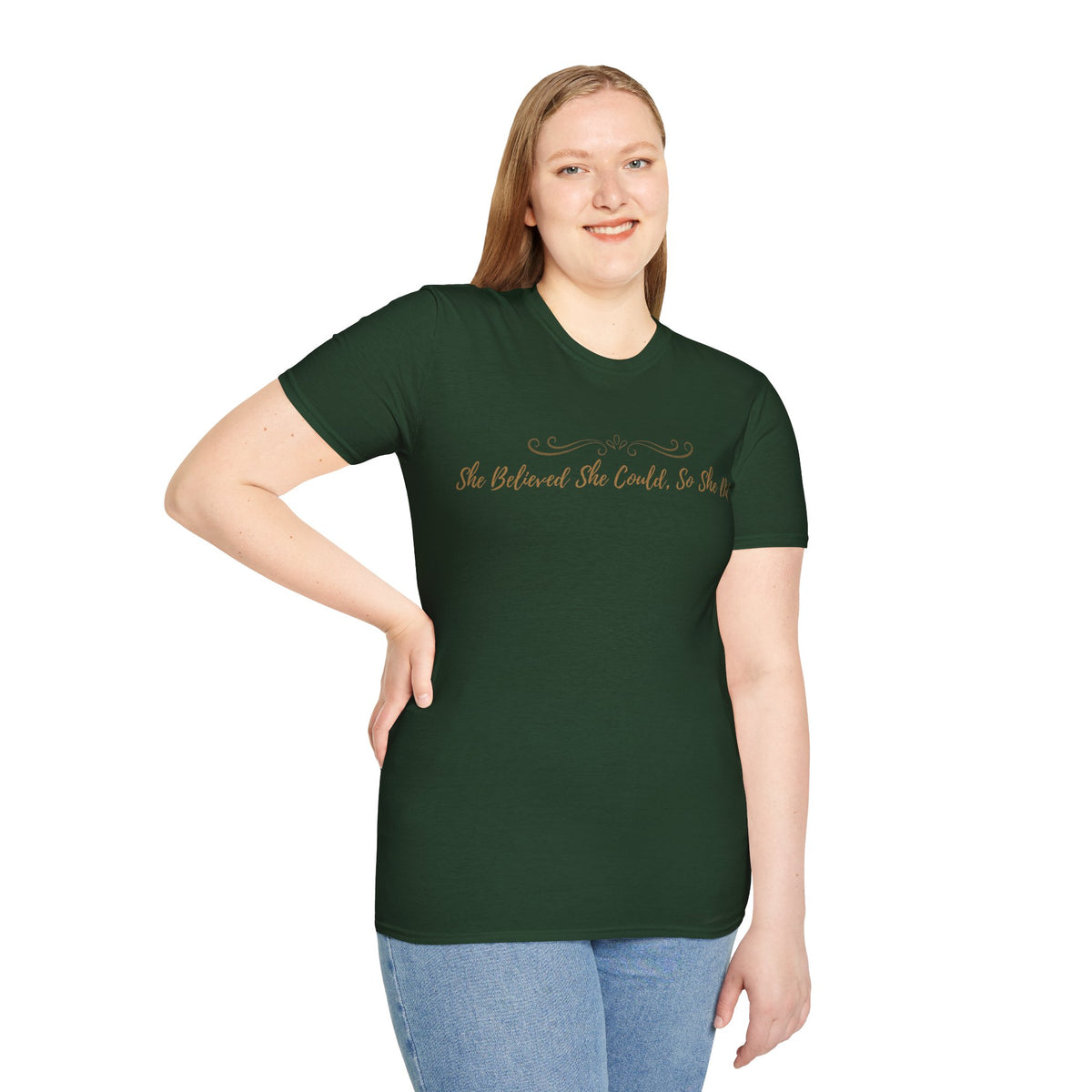 T-Shirt — "She Believed She Could So She Did" Inspirational Script Tee