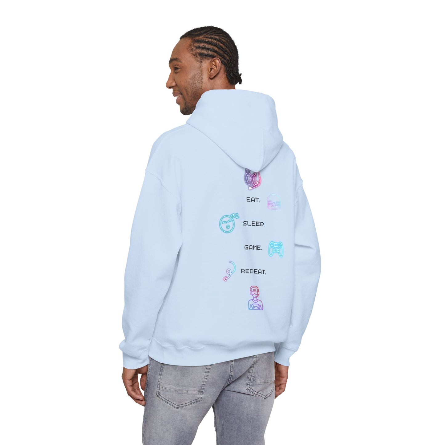 Gaming Hoodie — Eat Sleep Game Repeat Neon Icons Back Print