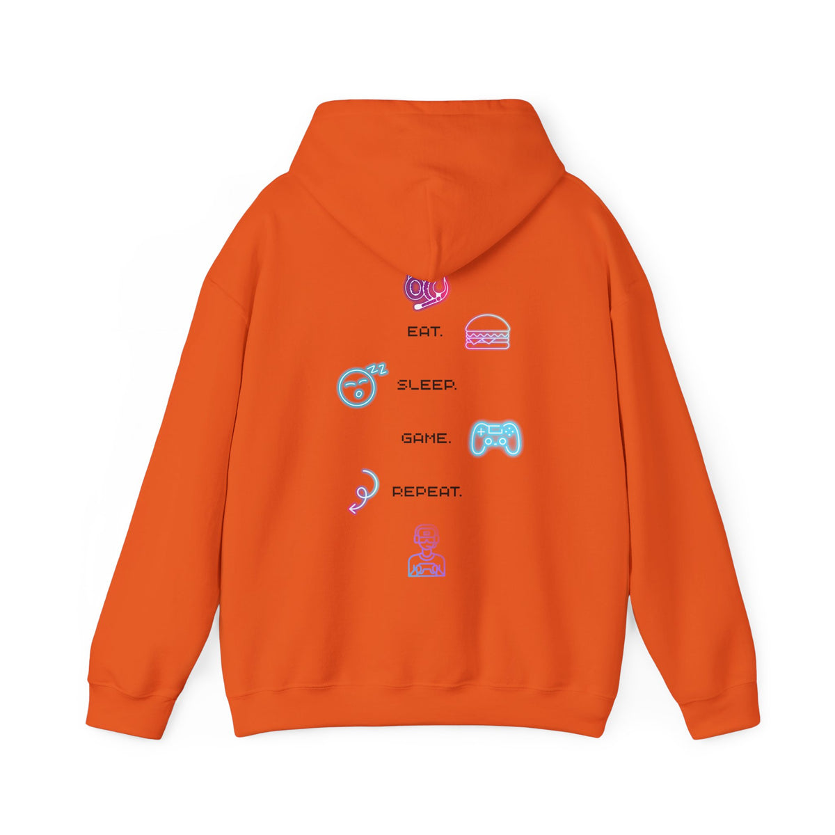 Gaming Hoodie — Eat Sleep Game Repeat Neon Icons Back Print