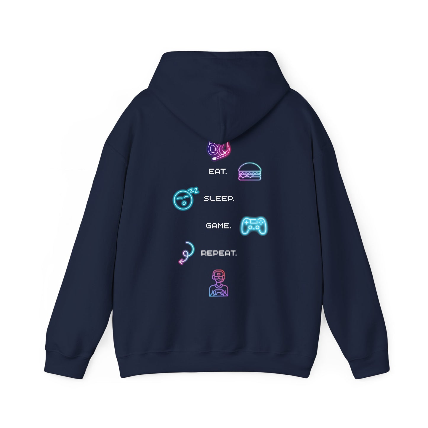 Gamer Routine Hoodie — Eat. Sleep. Game. Repeat. Neon Icons Gaming Hoodie