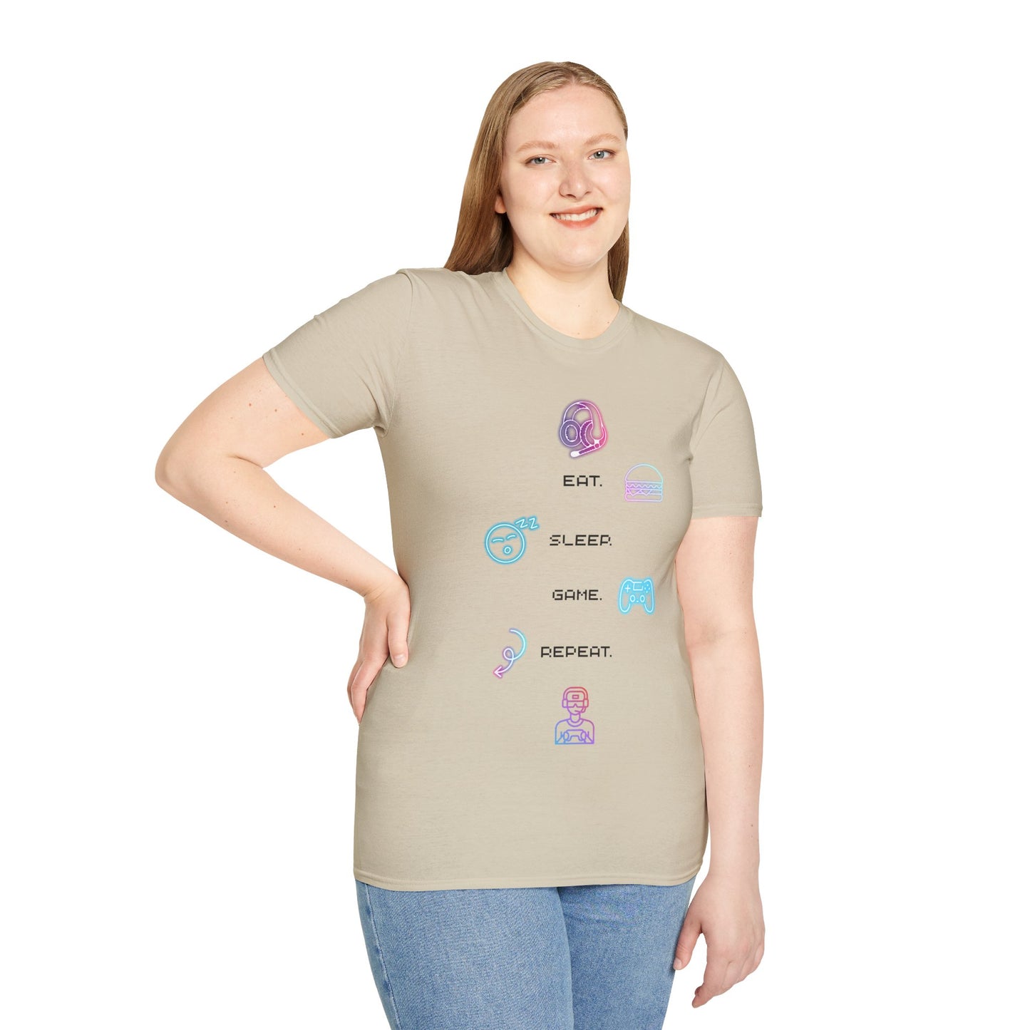Gamer Routine T‑Shirt — "Eat Sleep Game Repeat" Pastel Retro Tee