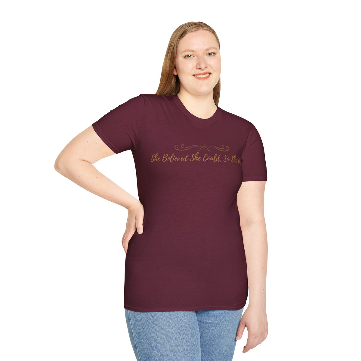 T-Shirt — "She Believed She Could So She Did" Inspirational Script Tee