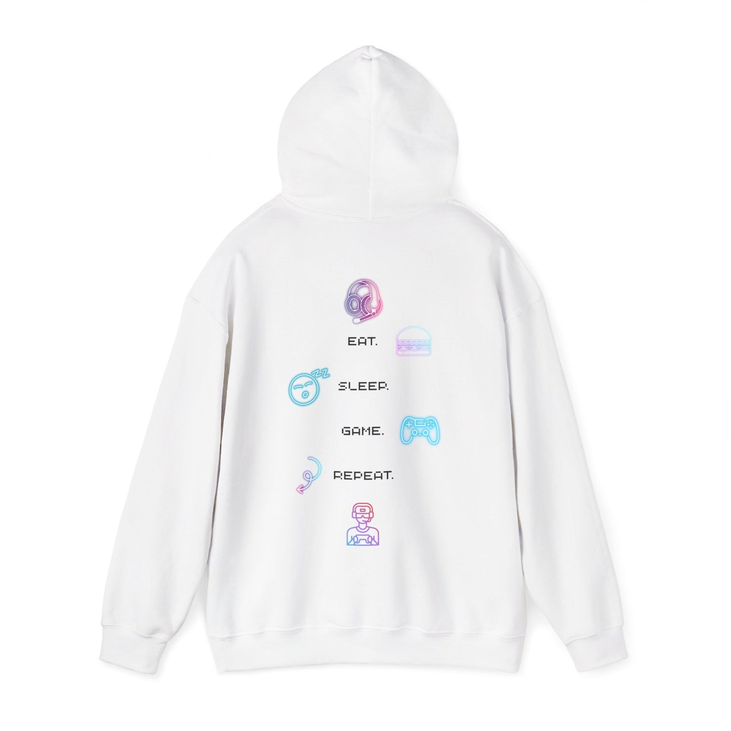 Gaming Hoodie — Eat Sleep Game Repeat Neon Icons Back Print