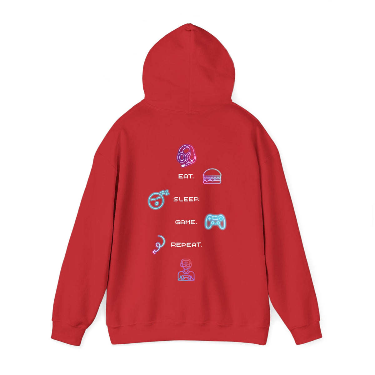 Gamer Routine Hoodie — Eat. Sleep. Game. Repeat. Neon Icons Gaming Hoodie