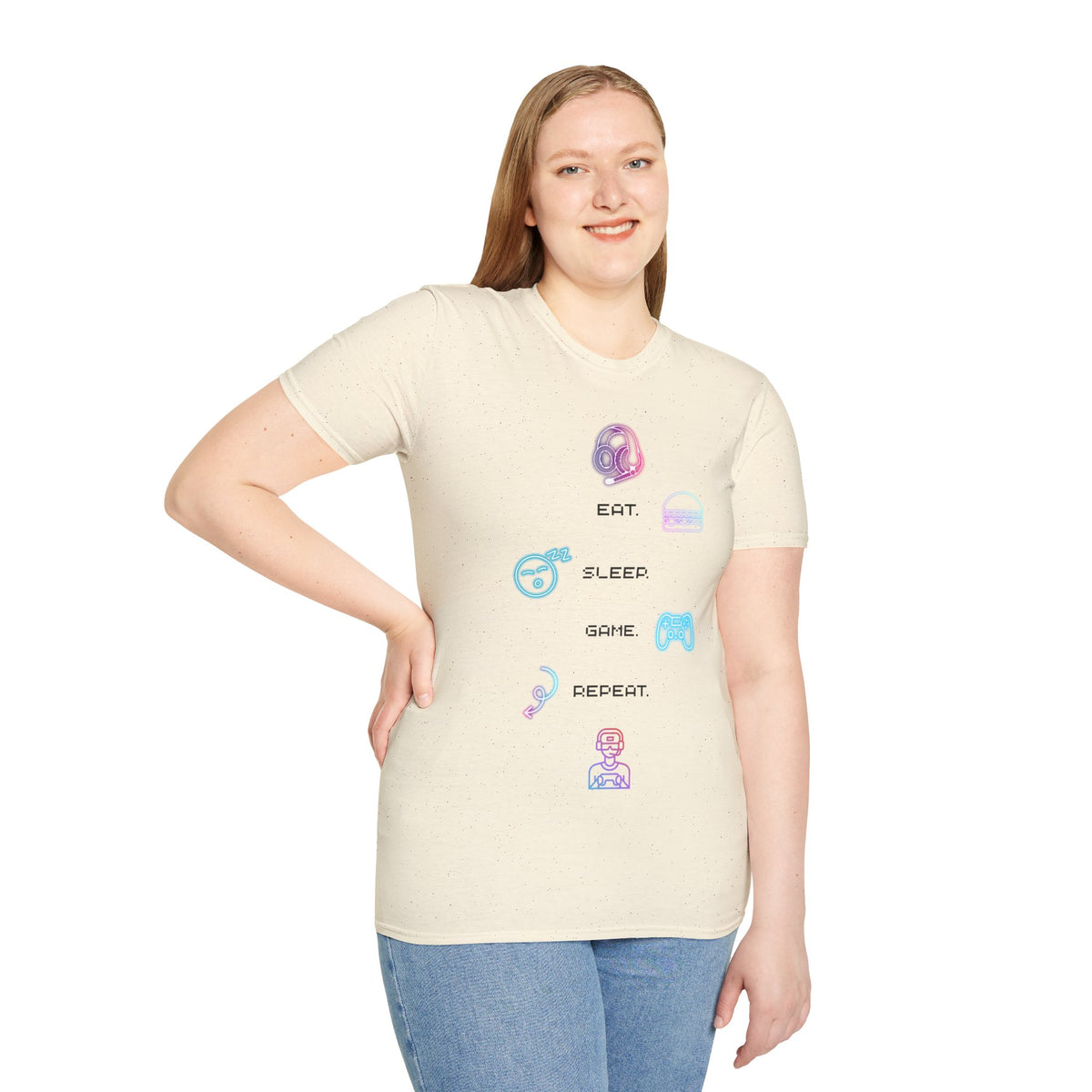 Gamer Routine T‑Shirt — "Eat Sleep Game Repeat" Pastel Retro Tee