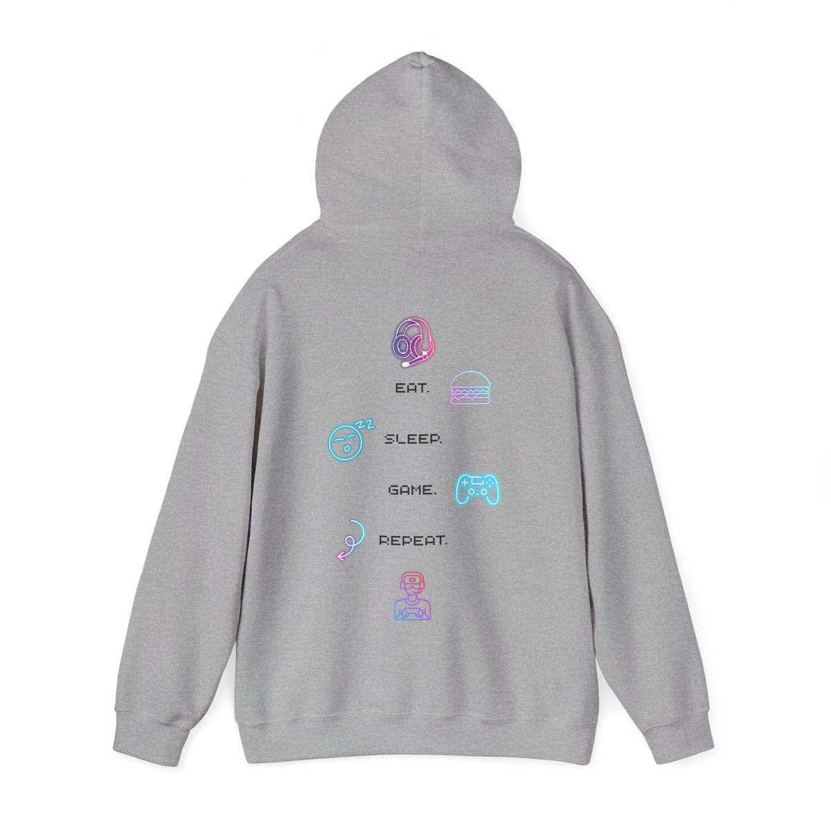 Gaming Hoodie — Eat Sleep Game Repeat Neon Icons Back Print