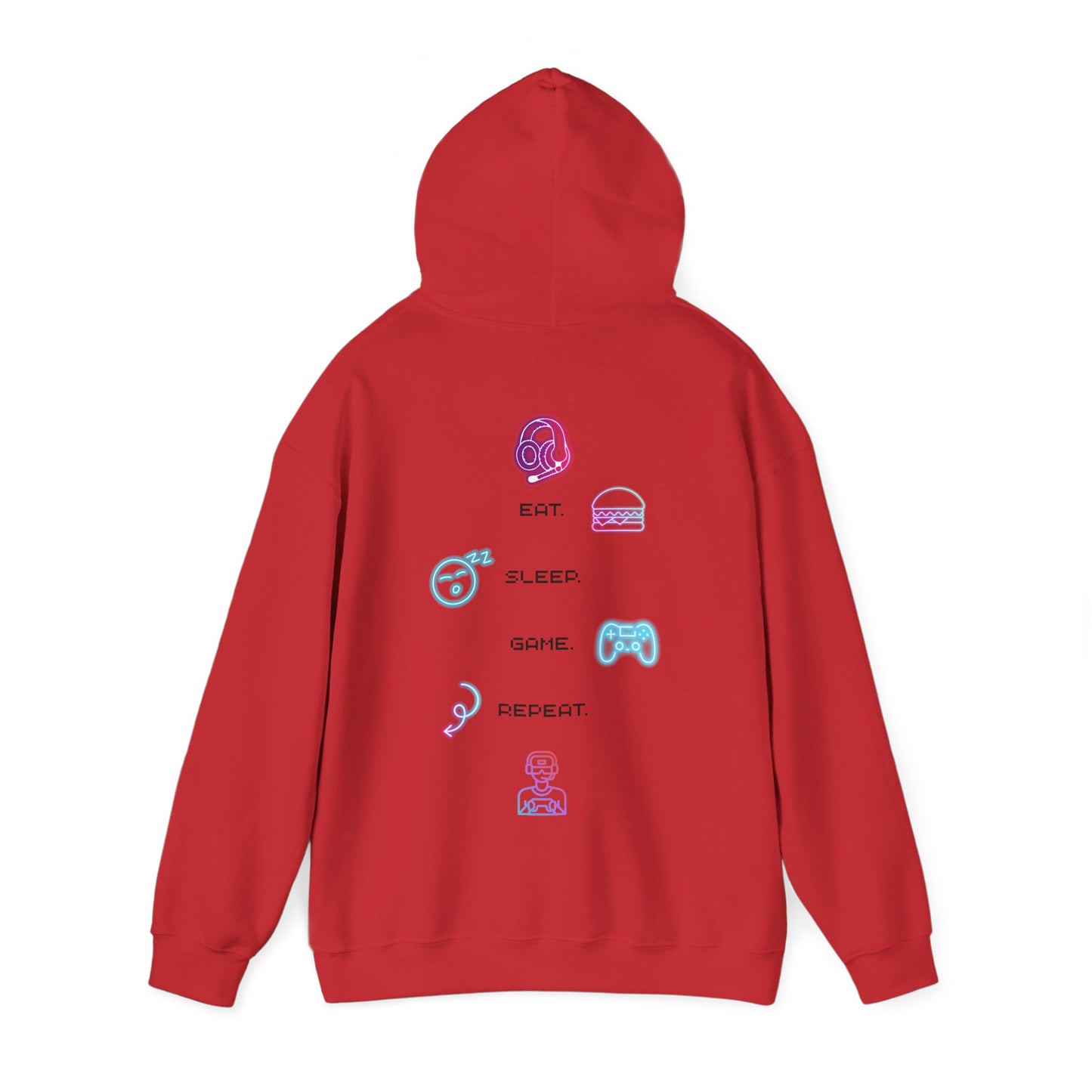 Gaming Hoodie — Eat Sleep Game Repeat Neon Icons Back Print