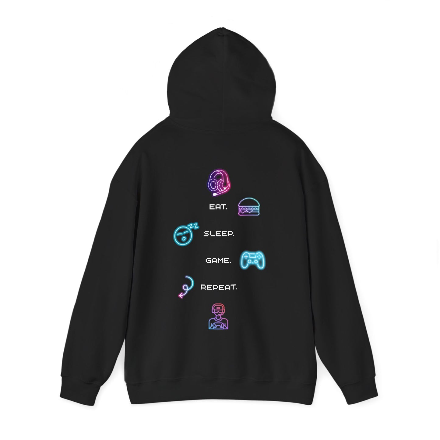 Gamer Routine Hoodie — Eat. Sleep. Game. Repeat. Neon Icons Gaming Hoodie