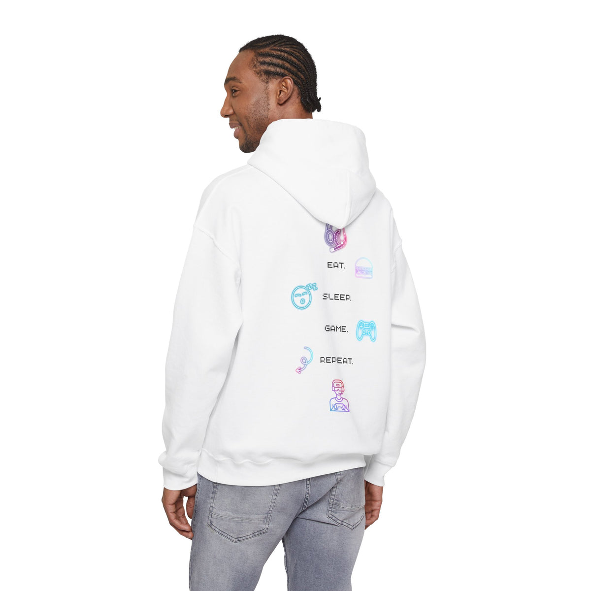 Gaming Hoodie — Eat Sleep Game Repeat Neon Icons Back Print