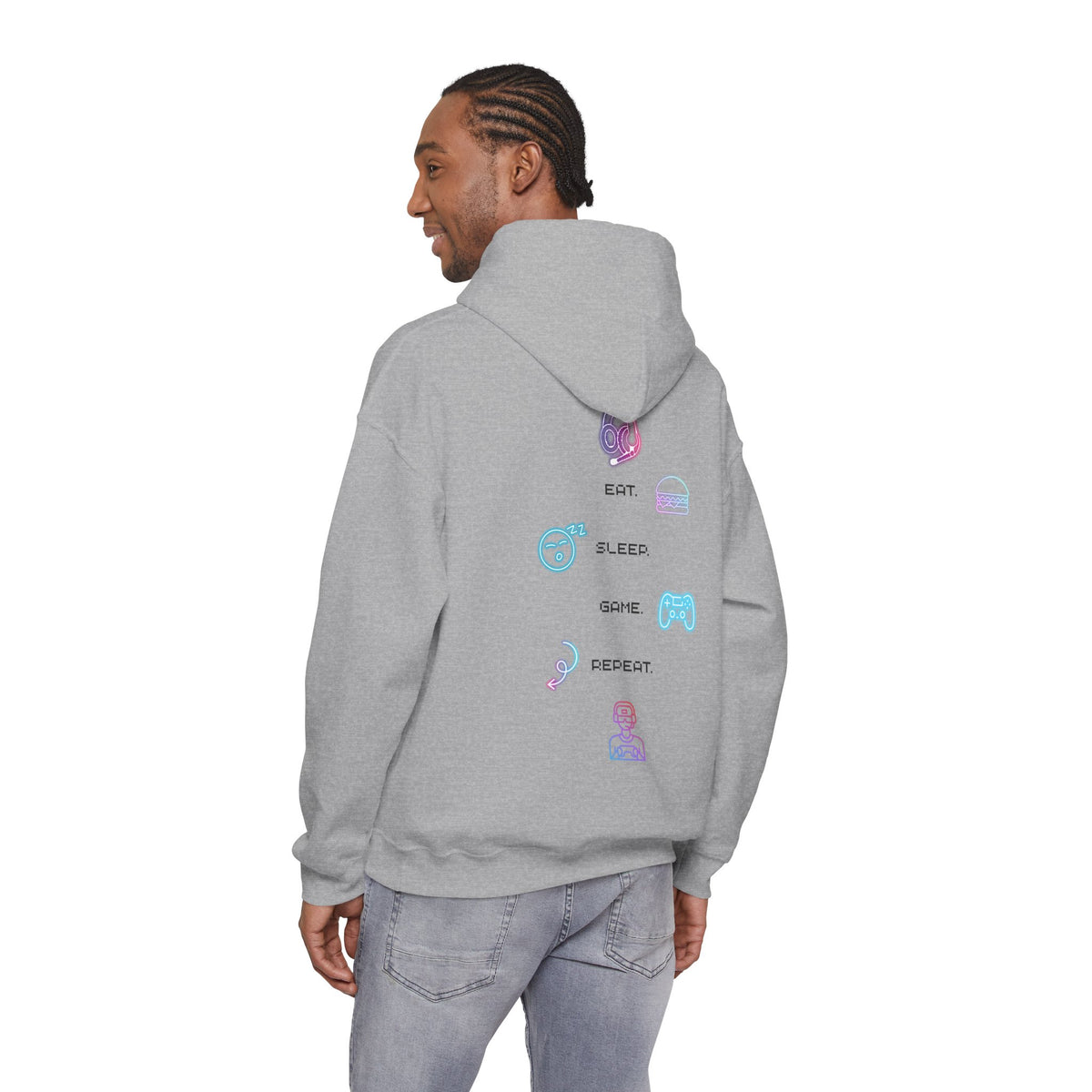 Gaming Hoodie — Eat Sleep Game Repeat Neon Icons Back Print