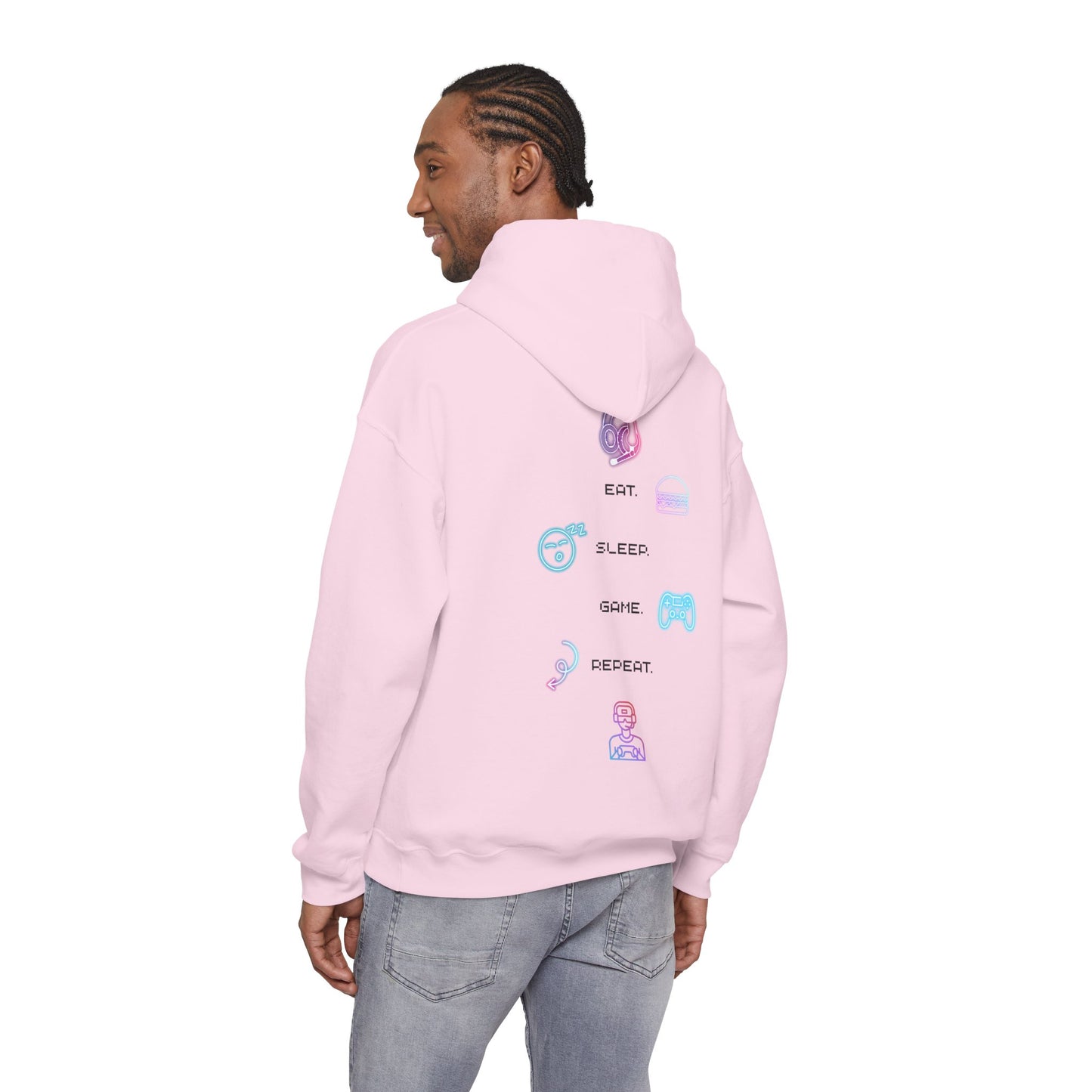 Gaming Hoodie — Eat Sleep Game Repeat Neon Icons Back Print