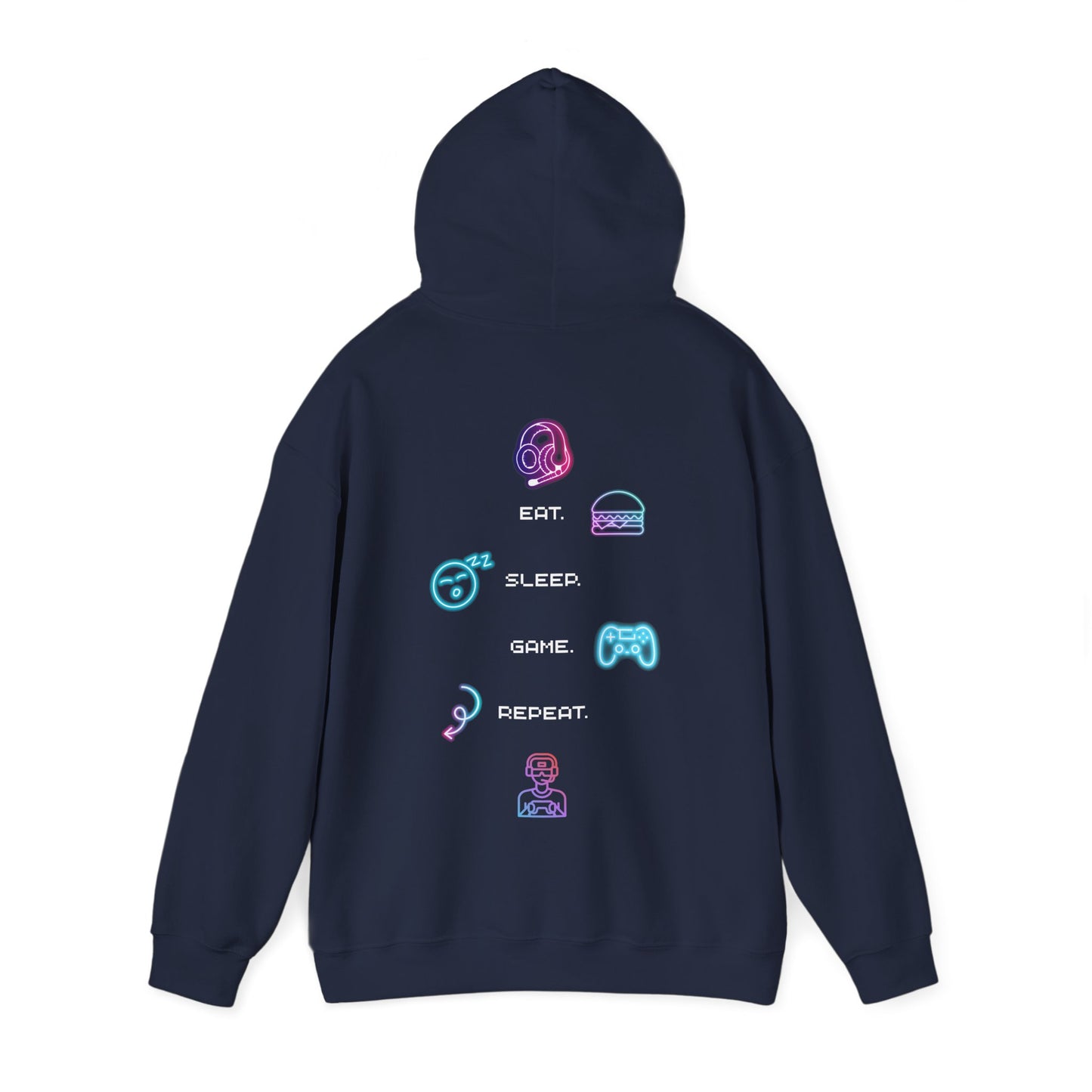 Gamer Routine Hoodie — Eat. Sleep. Game. Repeat. Neon Icons Gaming Hoodie