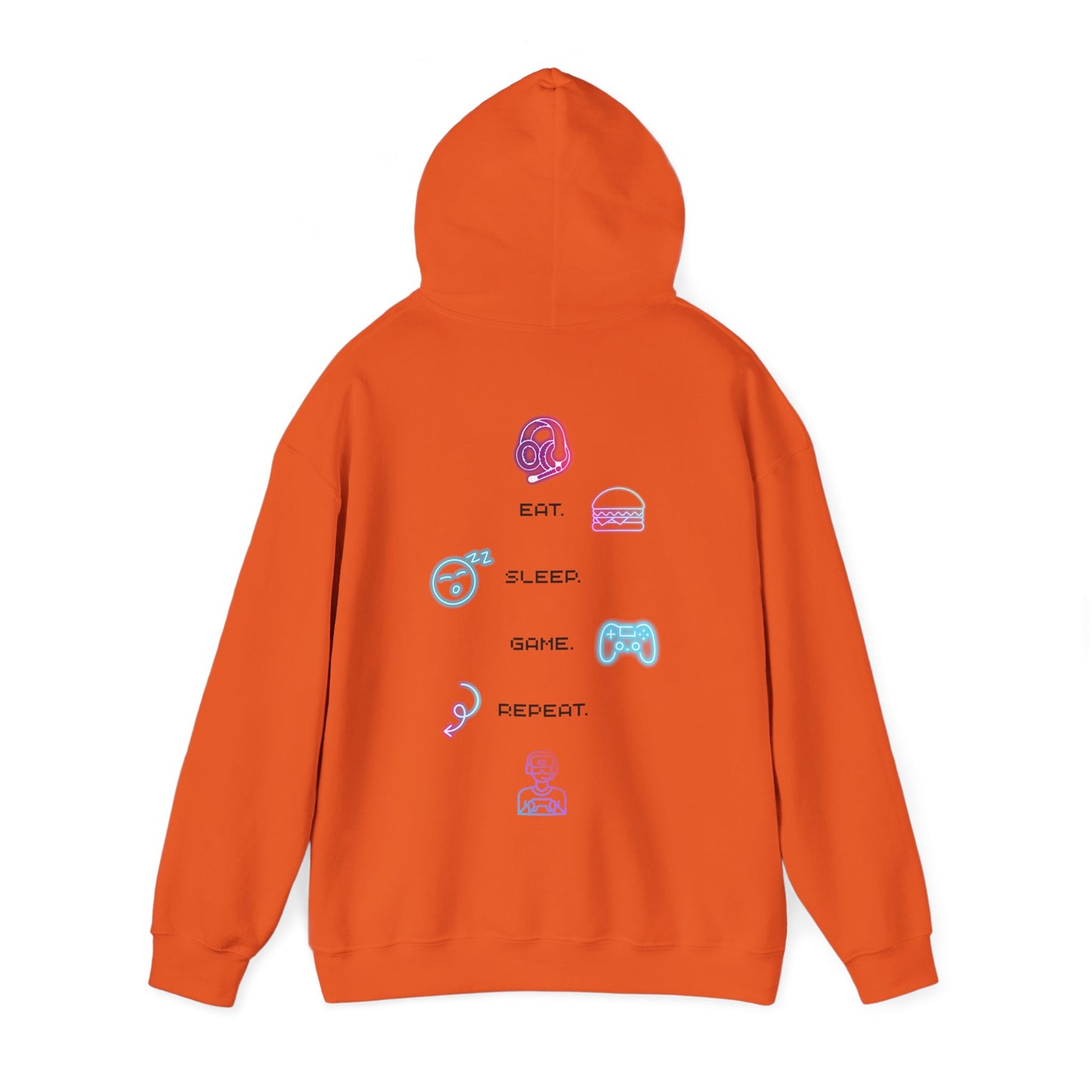 Gaming Hoodie — Eat Sleep Game Repeat Neon Icons Back Print