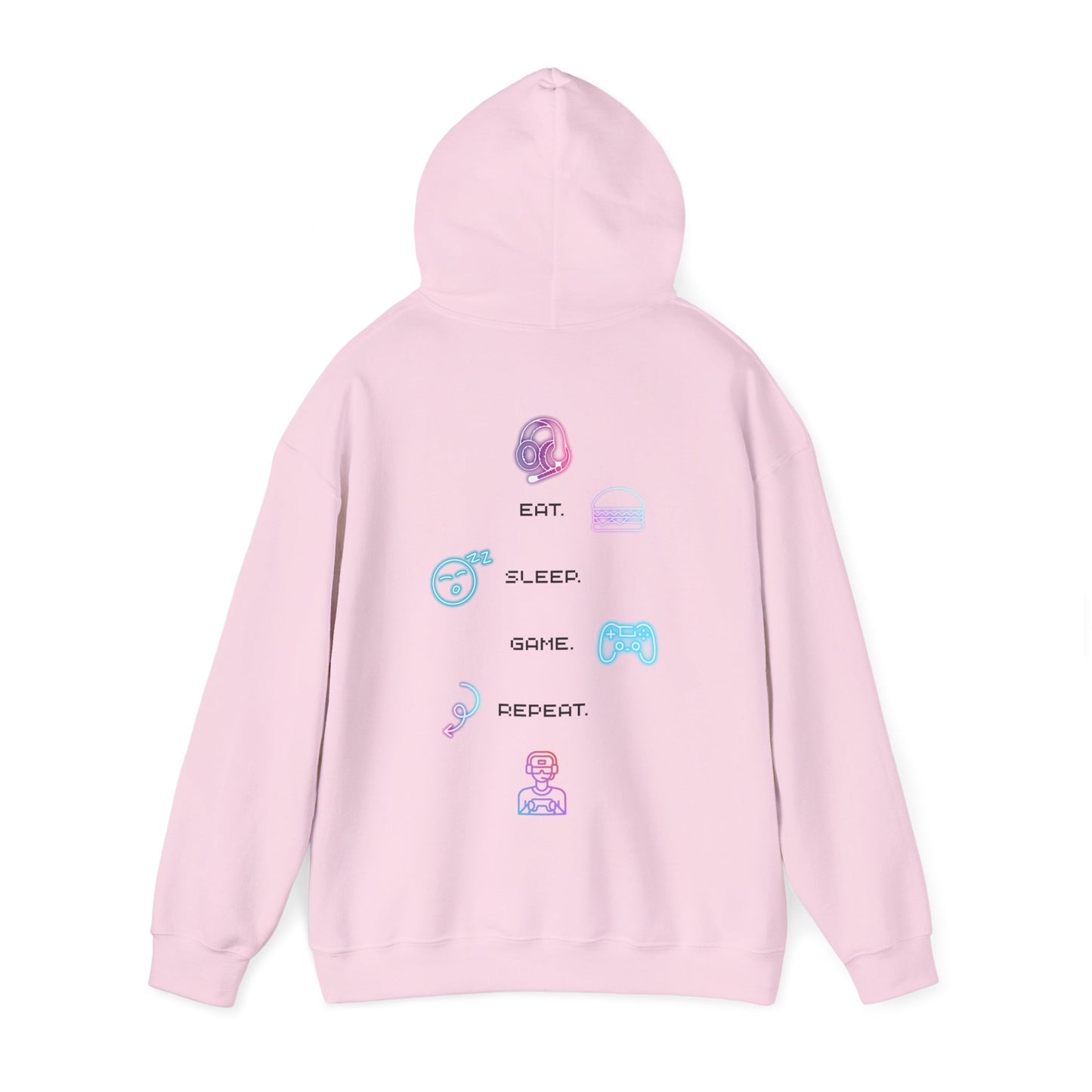 Gaming Hoodie — Eat Sleep Game Repeat Neon Icons Back Print