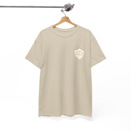 White Badge Tee — Minimalist Smiley Shield Chest Logo T‑Shirt