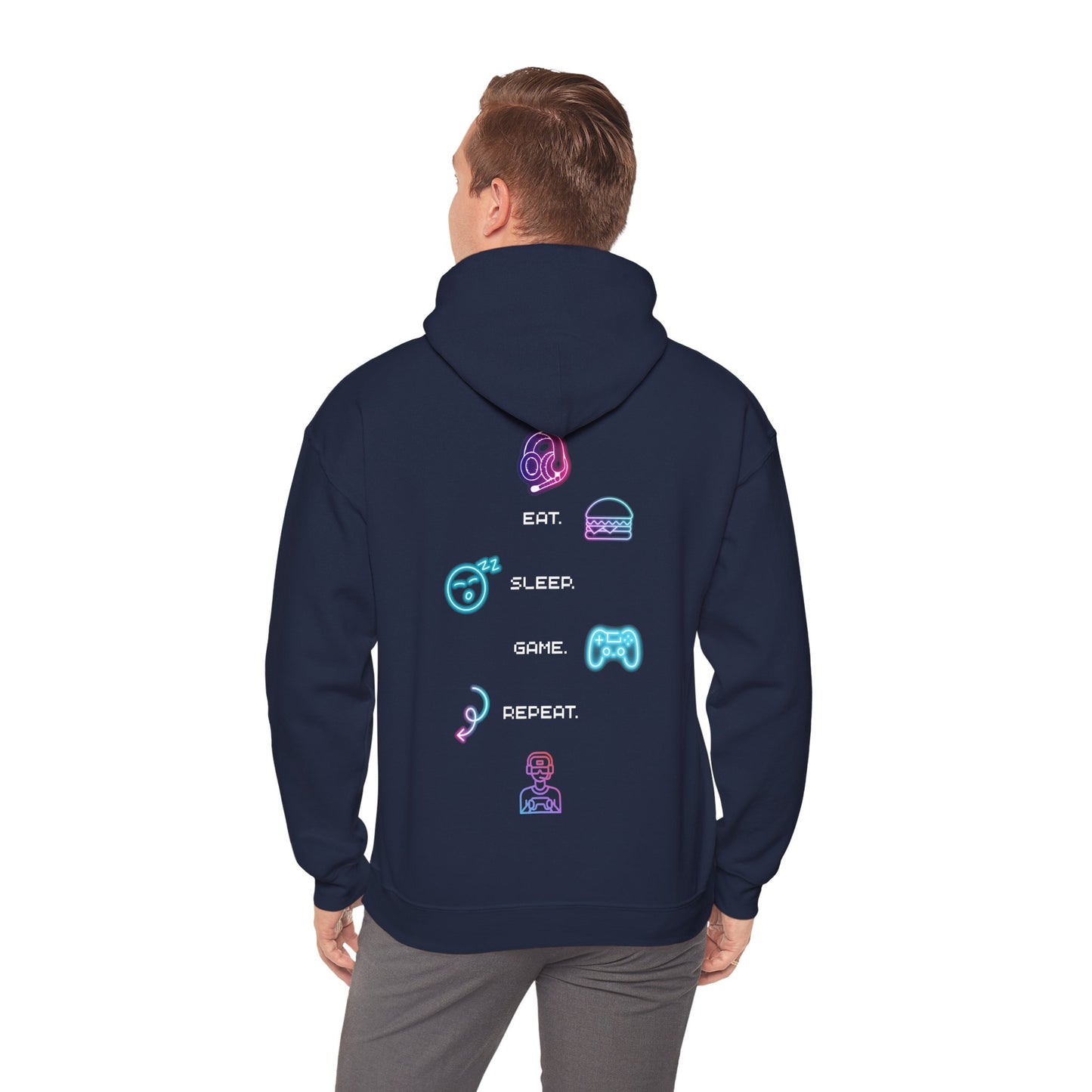 Gamer Routine Hoodie — Eat. Sleep. Game. Repeat. Neon Icons Gaming Hoodie