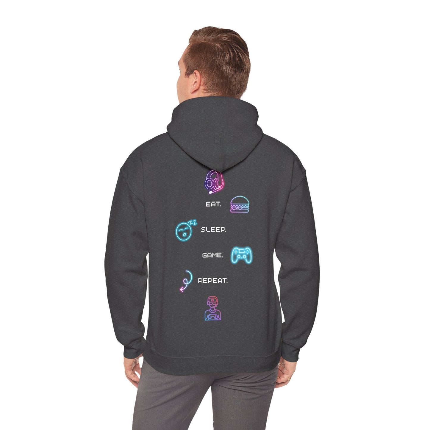 Gamer Routine Hoodie — Eat. Sleep. Game. Repeat. Neon Icons Gaming Hoodie