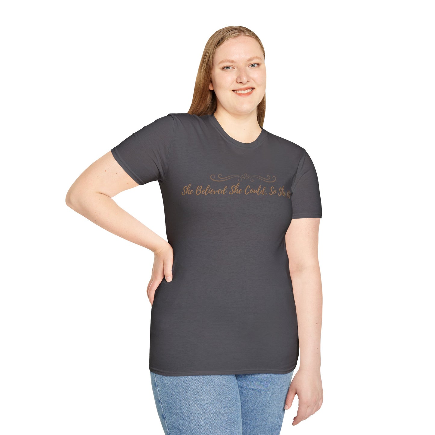 T-Shirt — "She Believed She Could So She Did" Inspirational Script Tee
