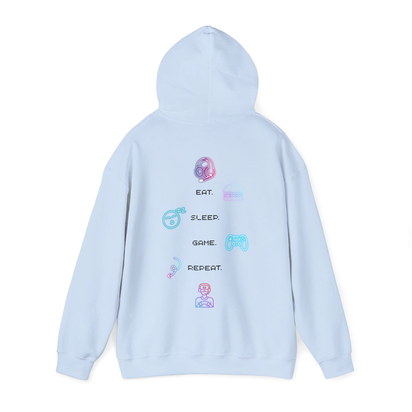 Gaming Hoodie — Eat Sleep Game Repeat Neon Icons Back Print