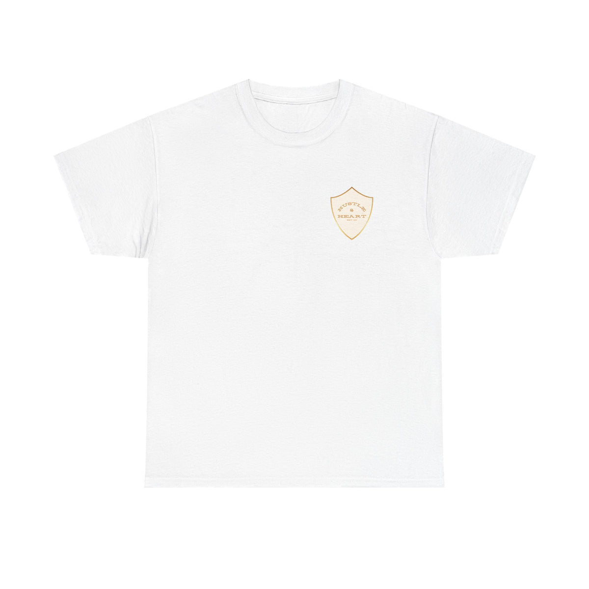White Badge Tee — Minimalist Smiley Shield Chest Logo T‑Shirt