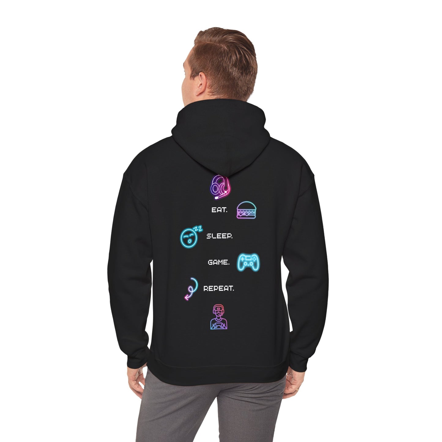 Gamer Routine Hoodie — Eat. Sleep. Game. Repeat. Neon Icons Gaming Hoodie