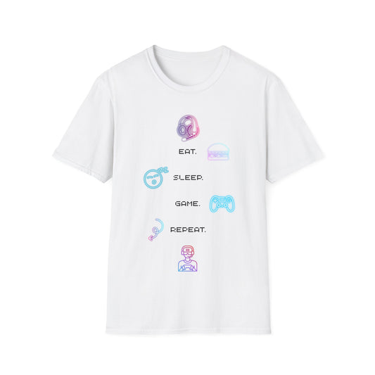 Gamer Routine T‑Shirt — "Eat Sleep Game Repeat" Pastel Retro Tee