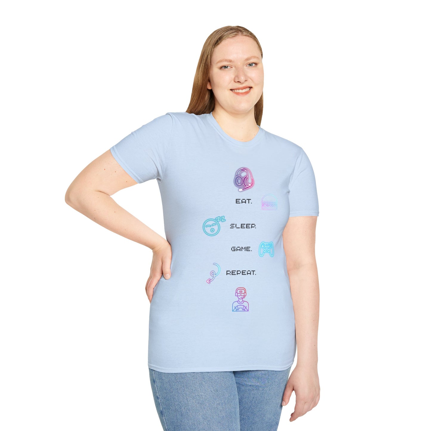 Gamer Routine T‑Shirt — "Eat Sleep Game Repeat" Pastel Retro Tee