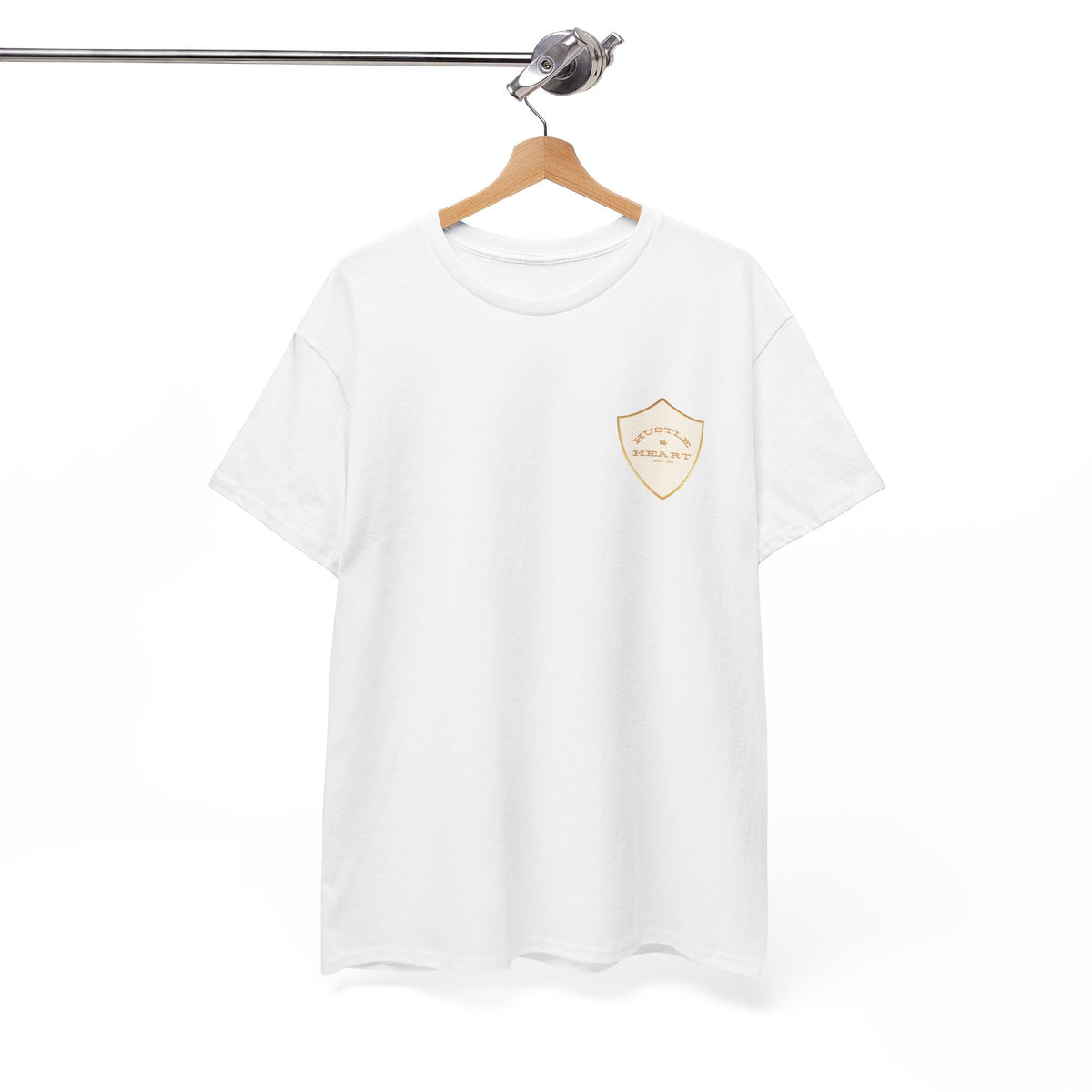 White Badge Tee — Minimalist Smiley Shield Chest Logo T‑Shirt