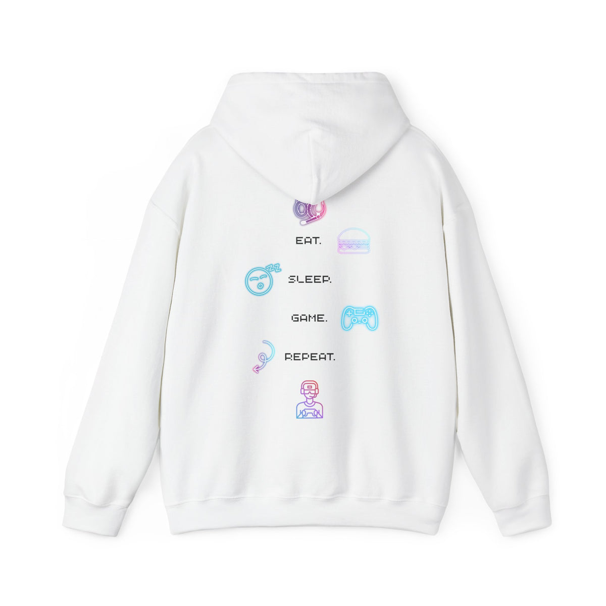 Gaming Hoodie — Eat Sleep Game Repeat Neon Icons Back Print