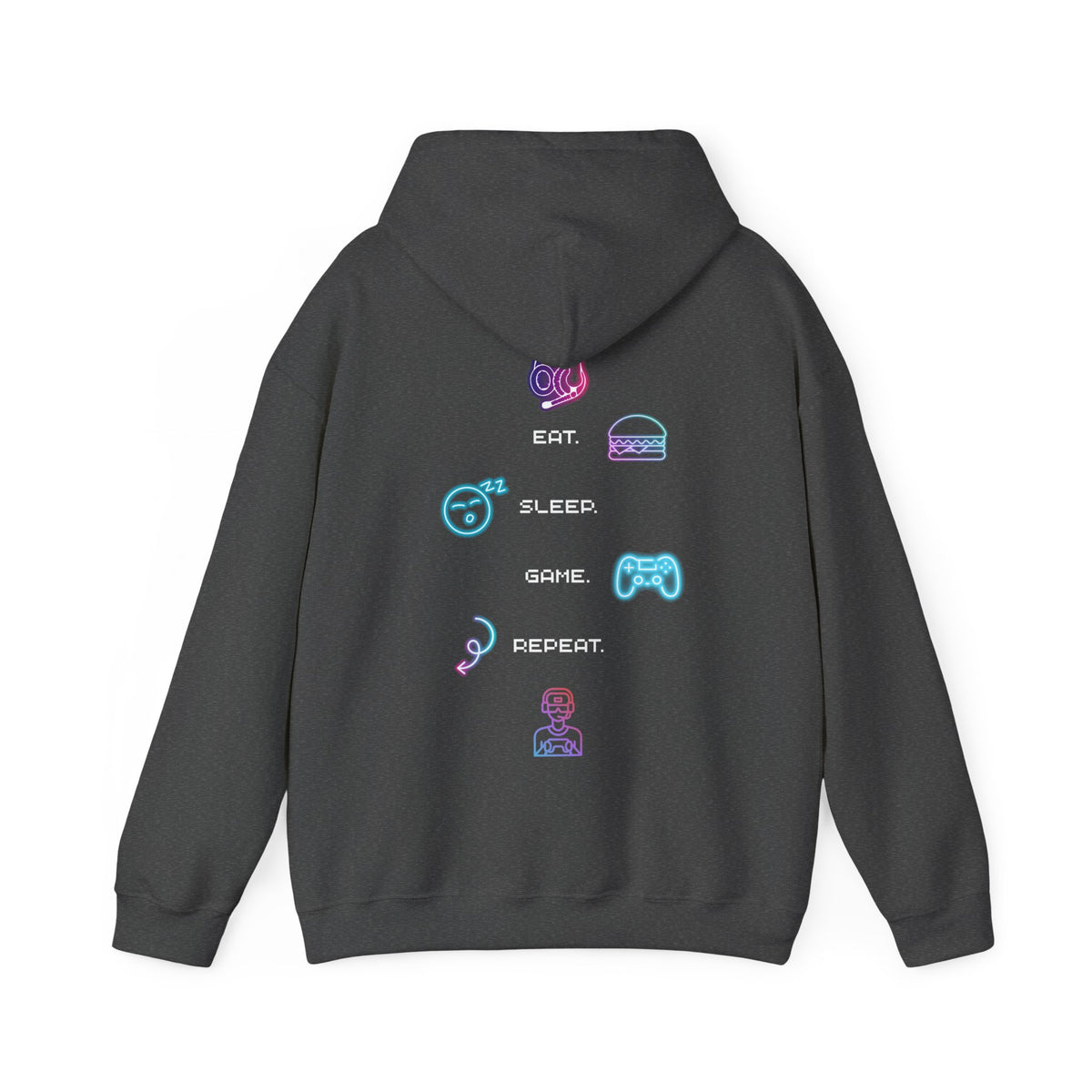 Gamer Routine Hoodie — Eat. Sleep. Game. Repeat. Neon Icons Gaming Hoodie