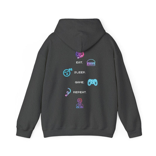 Gamer Routine Hoodie — Eat. Sleep. Game. Repeat. Neon Icons Gaming Hoodie
